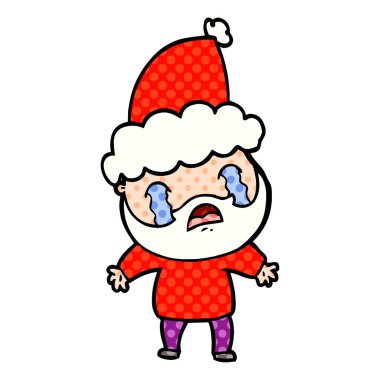 sakallı bir adam giyen Noel Baba şapkası ağlıyor çizgi roman tarzı çizimi el çekilmiş