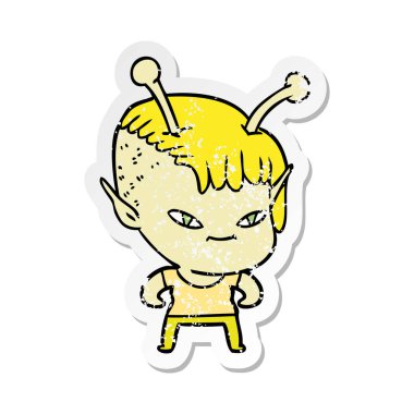 bir sevimli çizgi uzaylı kızın sıkıntılı etiket