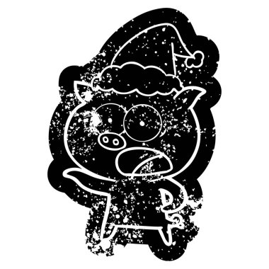 ilginç çizgi film simgesi domuz giyen Noel Baba şapkası bağıran bir sıkıntılı