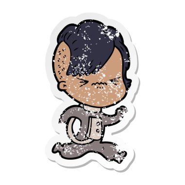 uzay giysisi giyen bir karikatür rahatsız yeniyetme kızın sıkıntılı etiket