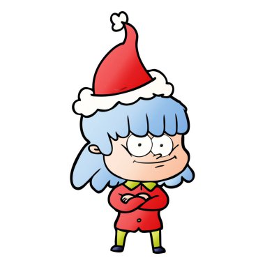 Noel Baba şapkası giyen bir gülümseyen kadın, degrade çizgi film