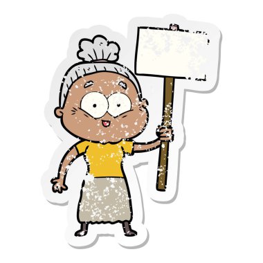 bir karikatür mutlu yaşlı kadının sıkıntılı etiket