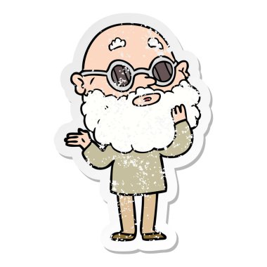 Sakal ve gözlük ile bir çizgi film meraklı insanın sıkıntılı etiket