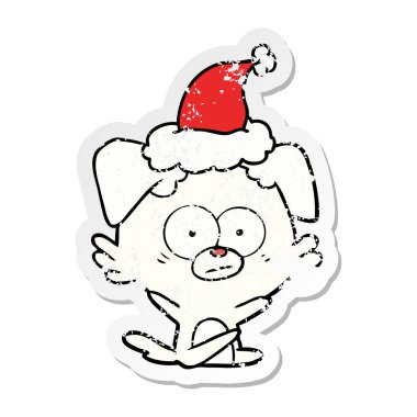 gergin köpek el sıkıntılı etiket karikatür giyen Noel Baba şapkası, çekilmiş