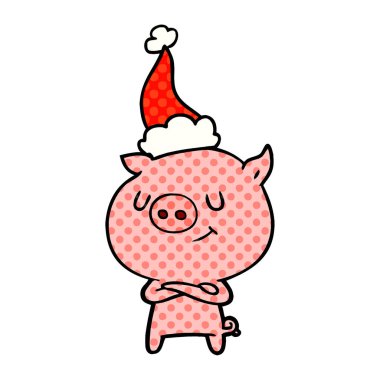 mutlu el domuz Noel Baba şapkası giyen bir çizgi roman tarzı resimde çekilmiş