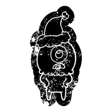 Noel Baba şapkası giyen bir Tepegöz uzaylı uzaylı ilginç karikatür sıkıntılı simgesi