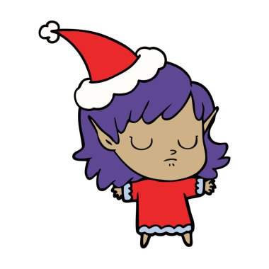 çizim için Noel Baba şapkası giyen bir elf kızın el çekilmiş