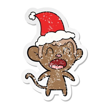 bağırarak sıkıntılı etiket karikatür Noel Baba ha giyen bir maymun