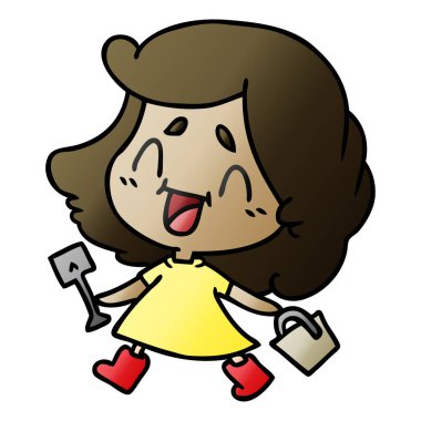 kova ve spade ile şirin kawaii kızın serbest el çekilmiş degrade çizgi film