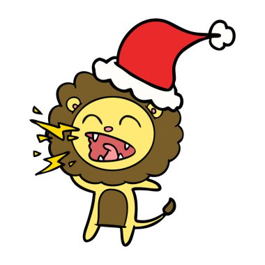 çizim için Noel Baba şapkası giyen kükreyen aslan el çekilmiş