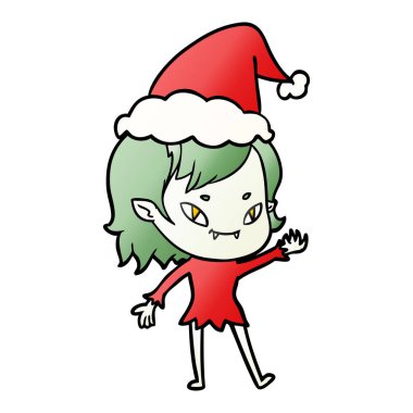 Noel Baba şapkası giyen bir dostu vampir kız degrade çizgi film el çekilmiş