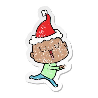 Noel Baba şapkası giyen kel bir adamın mutlu sıkıntılı etiket çizgi film