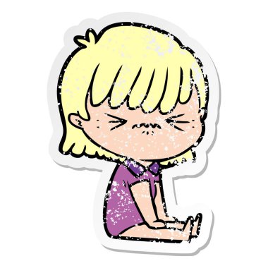 oturan bir rahatsız çizgi film kızın sıkıntılı etiket