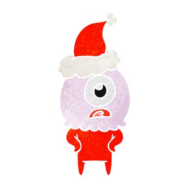 Noel Baba şapkası giyen bir Tepegöz uzaylı uzaylı retro karikatür el çekilmiş