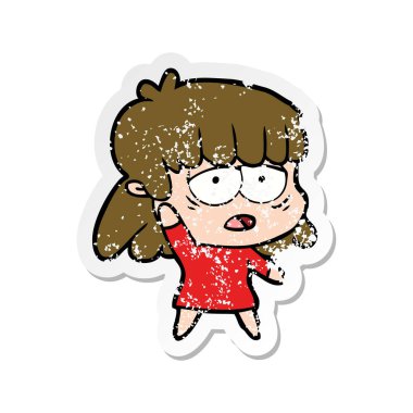 sıkıntılı etiket sallayarak bir karikatür yorgun kadın