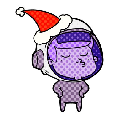 çizgi roman tarzı illüstrasyon santa şapka takıyor kendine güvenen bir astronotun el çekilmiş