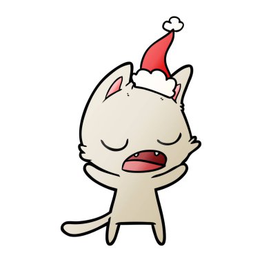 konuşan kedi el giyen Noel Baba şapkası, degrade çizgi film çekilmiş