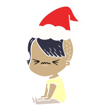 santa giyen bir rahatsız hippi kız düz renkli çizimi 