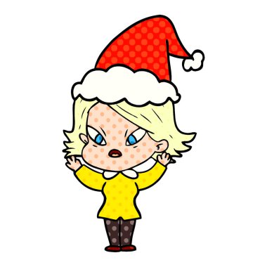 Noel Baba şapkası giyen bir stresli kadın çizgi roman tarzı çizimi el çekilmiş