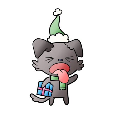 el bir tiksinti köpek degrade çizgi film Noel Baba şapkası giyen Noel hediye ile çekilmiş.