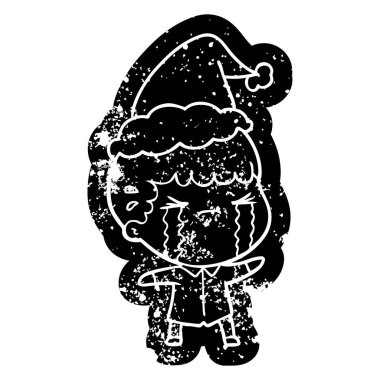 çizgi film sıkıntılı simgesi giyen Noel Baba şapkası ağlayan bir adam