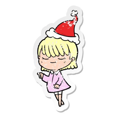 Noel Baba şapkası giyen bir kadın sıkıntılı etiket karikatür el çekilmiş