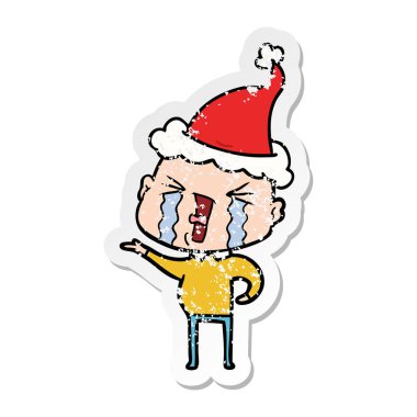 ağlayan bir kel adam Noel Baba ha giyen sıkıntılı etiket karikatür