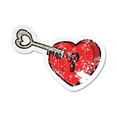 Retro sıkıntılı etiket, bir çizgi film kalp anahtar deliği ile