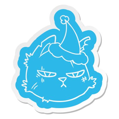 Noel Baba şapkası giyen bir zor kedi yüz ilginç çizgi film etiketi