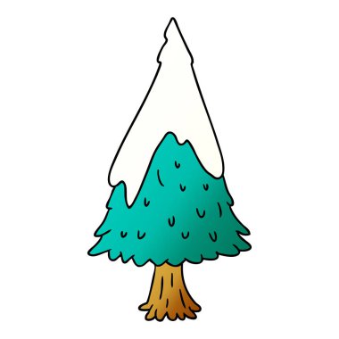 çizilmiş degrade çizgi film doodle tek karla kaplı ağaç el