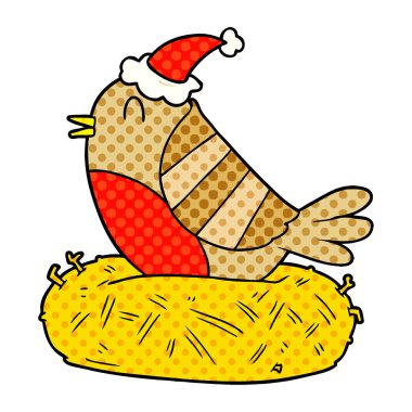 Noel Baba şapkası giyen yuva üzerinde oturan bir kuş çizilen çizgi roman tarzı çizimi uzat