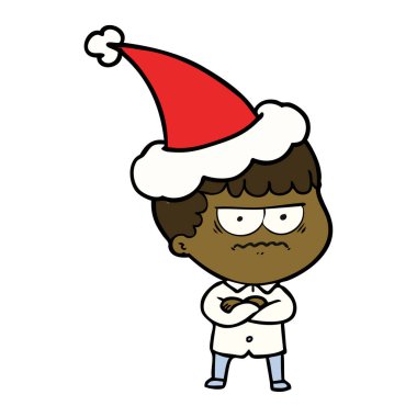çizim için Noel Baba şapkası giyen rahatsız bir adamın el çekilmiş