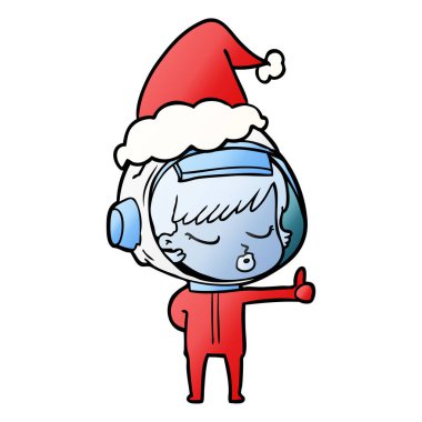 Noel Baba şapkası giyen kadar yaşasın vererek bir güzel astronot kızın el çekilmiş degrade çizgi film