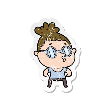 gözlük takan bir karikatür kadının sıkıntılı etiket