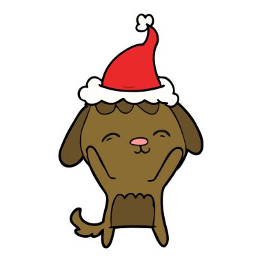 Noel Baba şapkası giyen bir köpek çizim için mutlu el çekilmiş