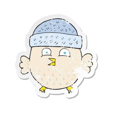 Retro sıkıntılı etiket bir karikatür baykuş şapka