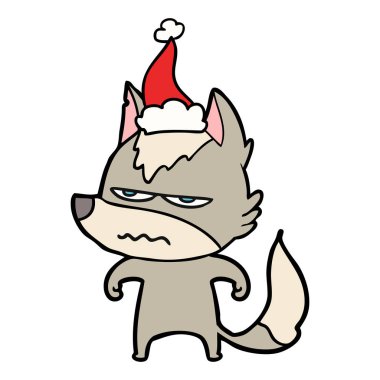 çizim için Noel Baba şapkası giyen rahatsız kurt el çekilmiş