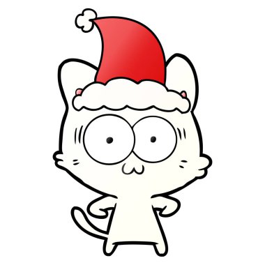 Noel Baba şapkası giyen bir sürpriz kedi degrade çizgi film el çekilmiş