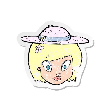 Retro etiket yaz şapka giymiş bir karikatür kadının sıkıntılı