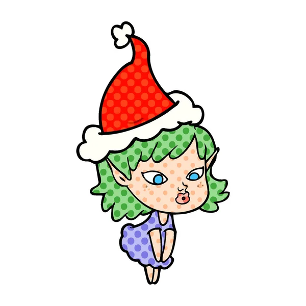 Pretty comic style illustration of a elf girl wearing santa — стоковый вектор