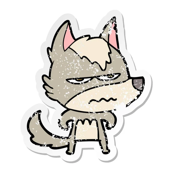 Distressed sticker of a cartoon annoyed wolf — Stock Vector