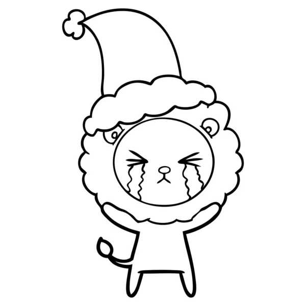 Linha de desenho de um leão chorando usando chapéu de santa — Vetor de Stock