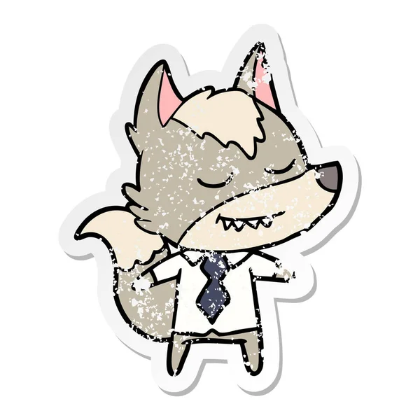 Distressed Sticker Friendly Cartoon Boss Wolf — Stock Vector