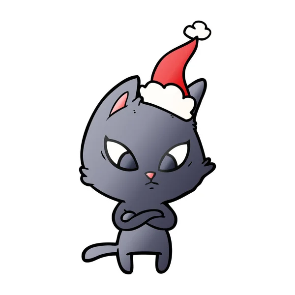 Dessin animé confus dégradé d'un chat portant un chapeau de Père Noël — Image vectorielle