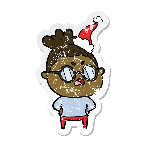 Hand Drawn Distressed Sticker Cartoon Annoyed Woman Wearing Santa Hat — Stock Vector