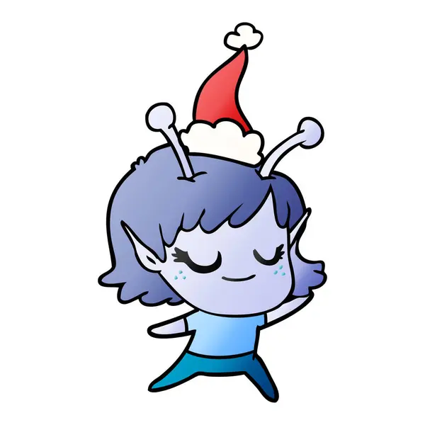 Sorridente alienígena menina gradiente desenhos animados de um chapéu de Pai Natal vestindo — Vetor de Stock