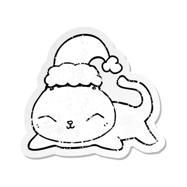 Calcomanía angustiada de un lindo gato de Navidad de dibujos animados — Vector de stock