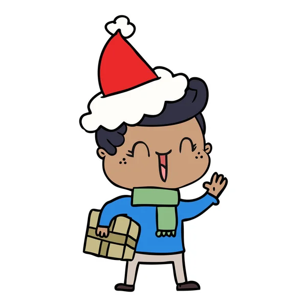 Handgezeichnete Linienzeichnung Eines Lachenden Jungen Mit Weihnachtsmütze — Stockvektor
