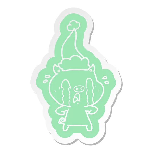 Llanto Cerdo Peculiar Etiqueta Dibujos Animados Sombrero Santa Usar — Vector de stock