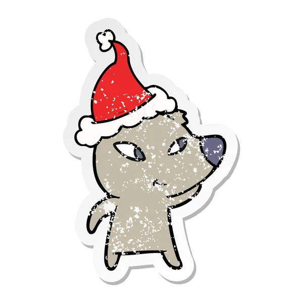 Cute Hand Drawn Distressed Sticker Cartoon Bear Wearing Santa Hat — Stock Vector
